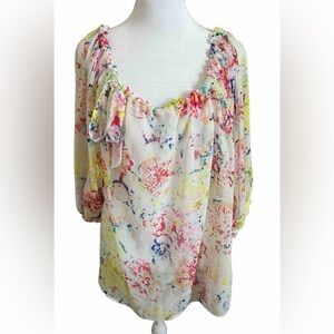 CABI White Watercolor Yellow Red Blue Floral Semi Sheer Chiffon Summer Blouse M